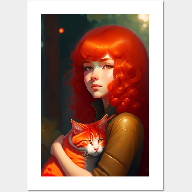 A red curly hair girl holds a red cat Wall Art by Fun and Cool Tees